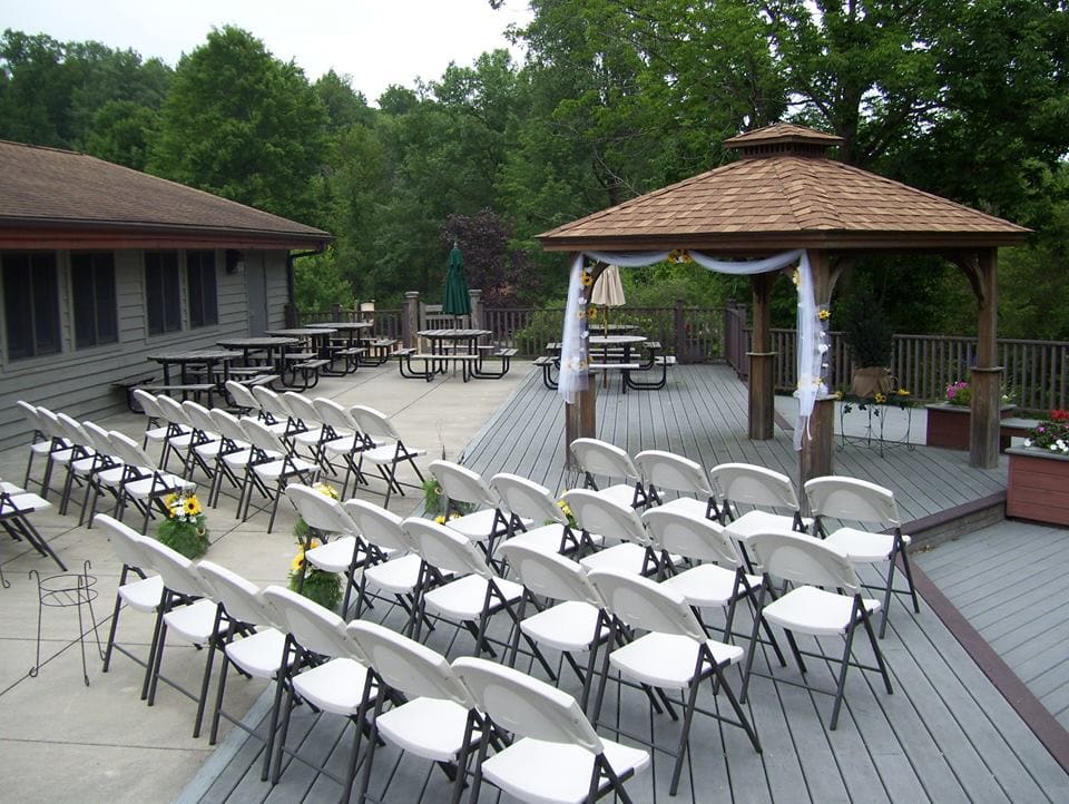 Wedding set up on patio of rental hall